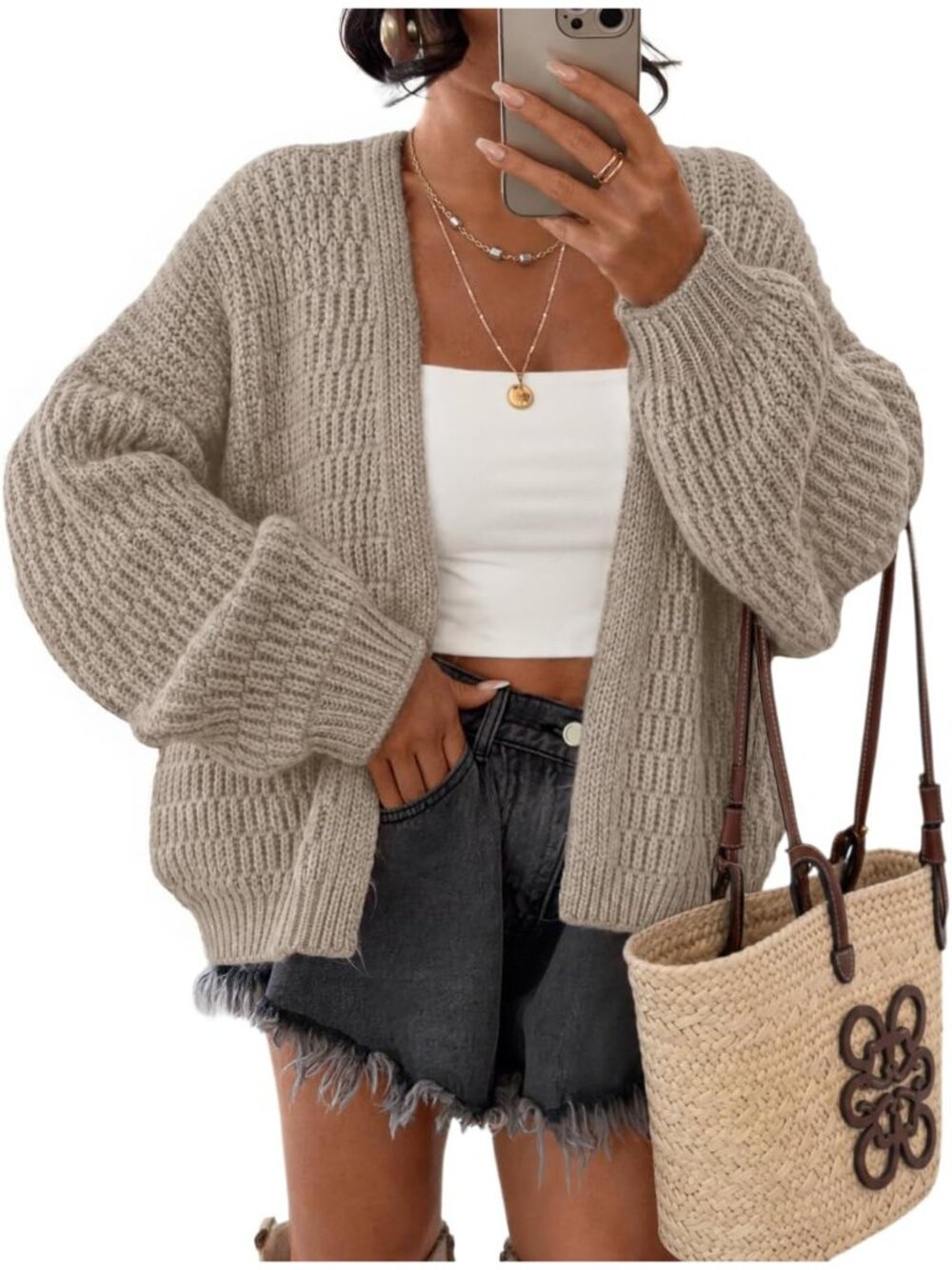 Women's Khaki Long Sleeve Chunky Knit Oversized Open Front Cardigan Sweaters
